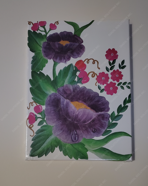 Violet flower with water drops dripping frame