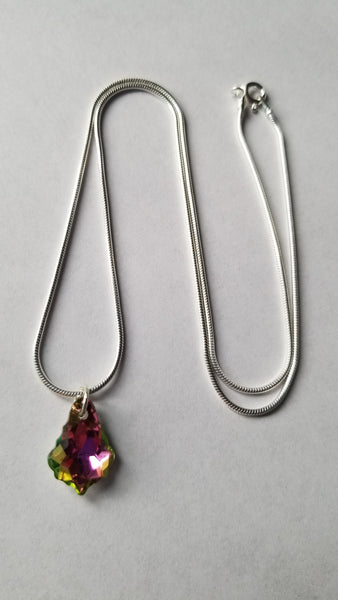 Sterling silver earring and chain set, Maple leaf shaped blue and purple double shaded glass crystal rhinestones