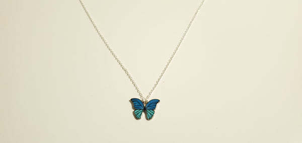 Blue Green Silver Butterfly  charm necklace1