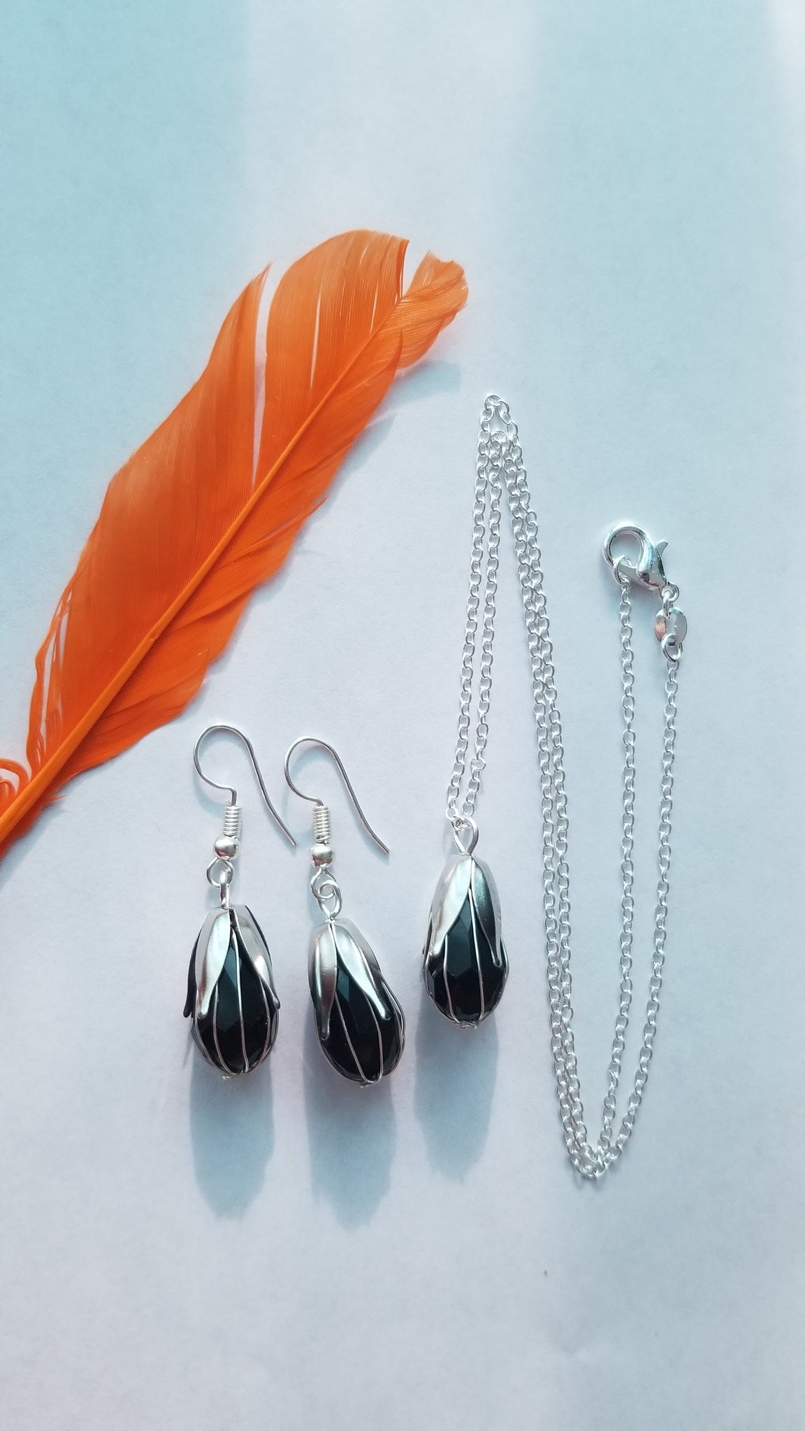 Black Pendant with Chain and Earrings