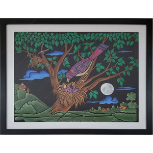 Mother bird feeding, infinite love, fabric painting on velvet cloth, frame