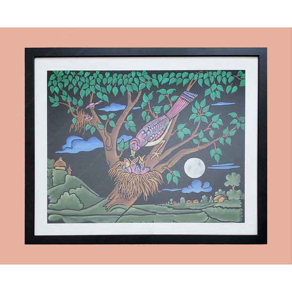 Mother bird feeding, infinite love, fabric painting on velvet cloth, frame