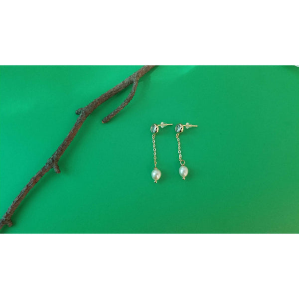 Fresh water white pearl earring, Gold plated long drop earring, White crystal stone dangle earring