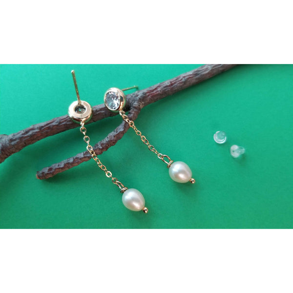 Fresh water white pearl earring, Gold plated long drop earring, White crystal stone dangle earring