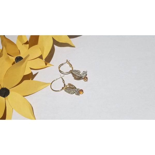 Classic statement earring, Butterfly hoop earring, Golden glass beads