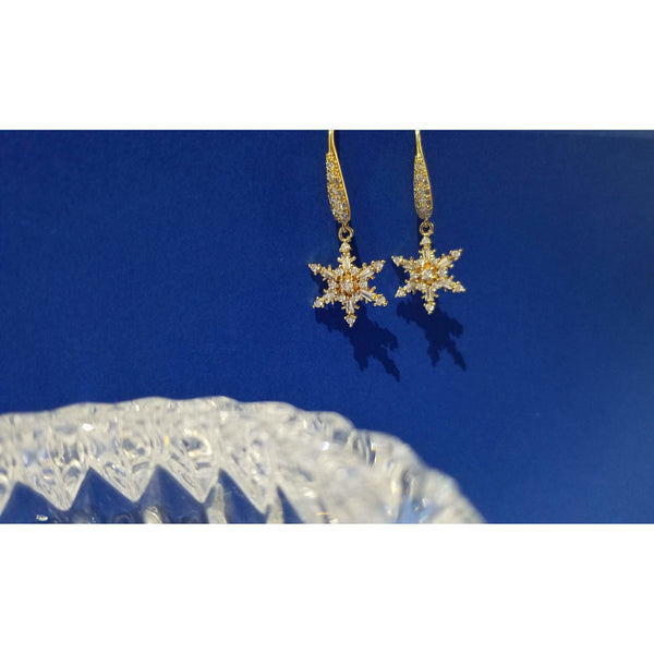 Statement snow flakes earrings, Gold plated drop earring with cubic zirconia gemstone, Wedding jewellery