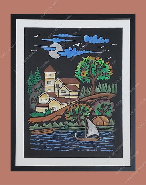 A Peaceful evening to connect with nature,  fabric painting on velvet cloth with frame