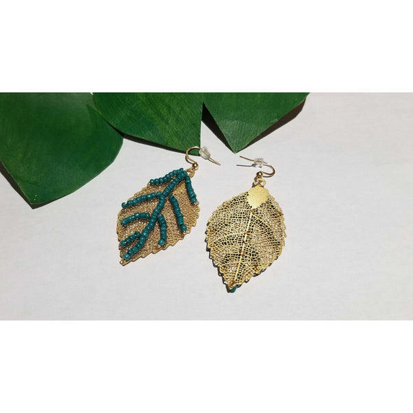 Golden leaf earring with green beaded veins