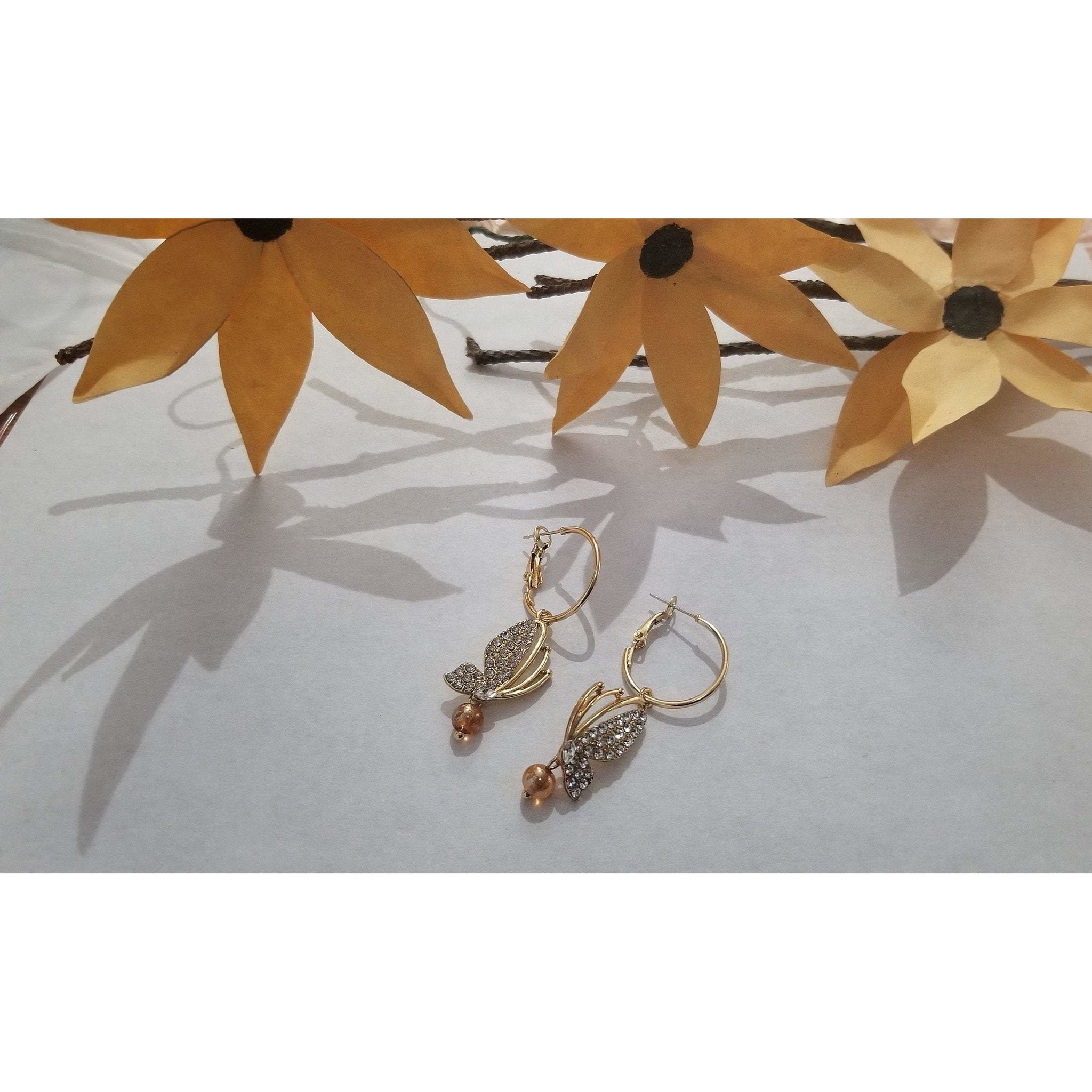 Classic statement earring, Butterfly hoop earring, Golden glass beads