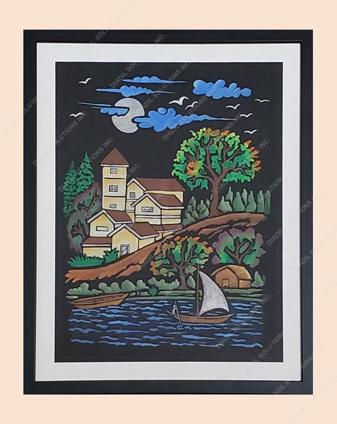 A Peaceful evening to connect with nature,  fabric painting on velvet cloth with frame