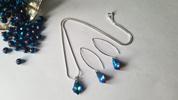 Sterling silver earring and chain set, Maple leaf shaped blue and purple double shaded glass crystal rhinestones